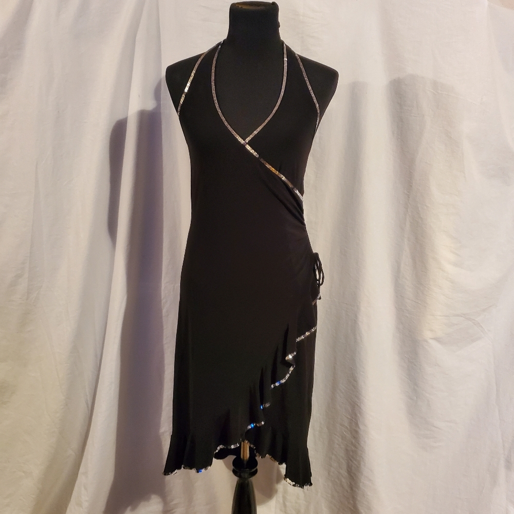 Jump Apparel Black Bodycon Halter Flounce Latin Sequin Rythm Dress